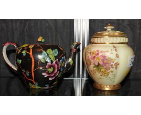 A Royal Worcester ivory ground pot-pouri jar and cover. Inner lid 1314 patt and an English Chinese style tea-pot