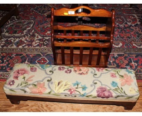 A long kneeling stool with woolwork upholstery, 80cm, and a magazine rack, 40cm 