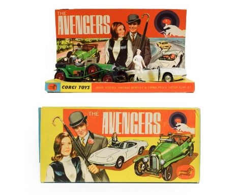 Corgi Gift Set 40 The Avengers consisting of Steel Bentley green with figure, Emma Peel Lotus (both E) Emma Peel figure and t