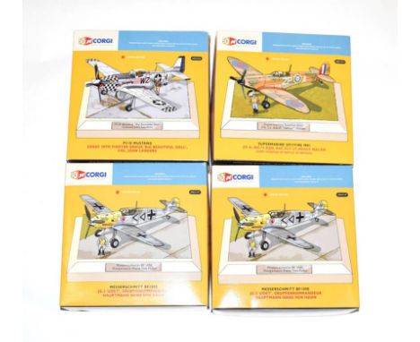 Corgi 50th Anniversary Aircraft Presentation Sets AN31919 Supermarine Spitfire, AN32224 P51D Mustang and 2xAN32107 Messerschm
