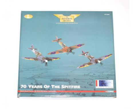 Corgi Aviation Archive AA99189 1:72 Scale 70 Years Of The Spitfire Johnnie Johnson 3 Piece Set with MkI, MkVB and MkIX plinth