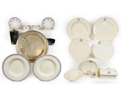 Various Shipping Ceramic Group Blue Star Line two cups and four saucers and a metal platter; Glen Line two bowls and metal bo