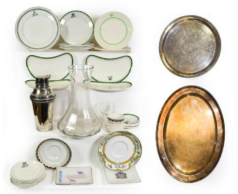 Pacific Steam Navigation Company Group Metalware: large oval platter, circular platter and cocktail shaker; Ceramics: seven s