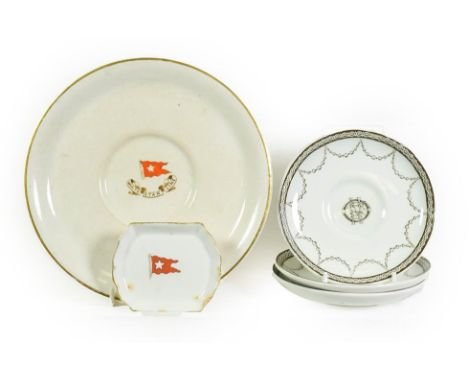 White Star Line Ceramic Group large saucer with flag and company banner 7 1/2'' dia (chipping to rim) three saucers with OSNC