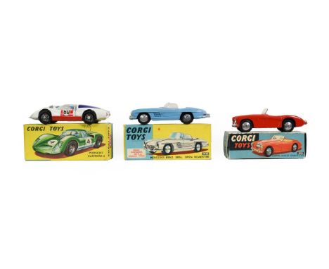 Corgi 300 Austin Healey Sport Car red (E box G-F) 303S Mercedes Benz 300SL (E box E-G) and 330 Porsche Carrera 6 (E box E) (3