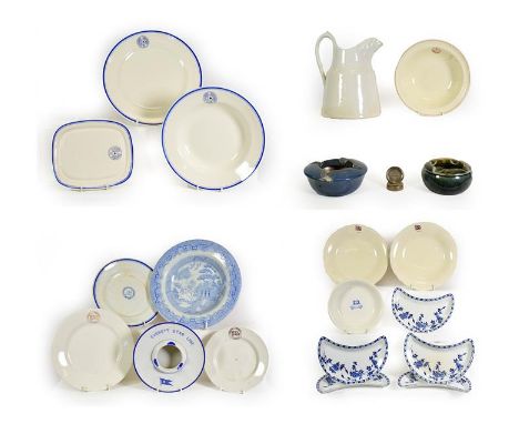 Various Shipping Companies Ceramic Group BISN: jug, two ashtrays and a metal place setting holder; Southern Pacific oval dish