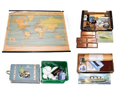 Shipping Mixed Group including North German Lloyd Bremen map, Cunard engine room log, table mat sets, metalware and others