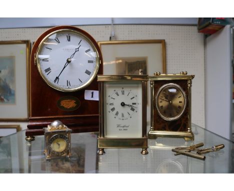 Comitti Inlaid quartz domed clock, Woodford Brass Carriage clock and 2 other clocks 