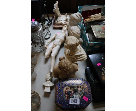 Ceramic figural decorated hinged casket with figural decoration on bracket feet 