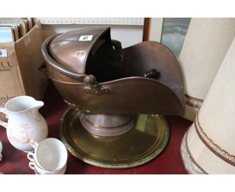 19thC Copper Coal Helmet with Copper Shovel, Brass Plaque and a box of assorted coins 