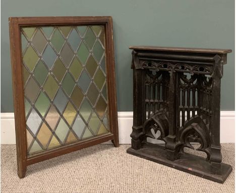 STAINED & LEADED GLASS PANEL in wooden frame, 69 x 52cms and Gothic/medieval effect floor standing shelf, 53 (h) x 48 (w) x 1