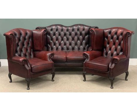 CHESTERFIELD STYLE OXBLOOD RED LEATHER/LEATHER EFFECT THREE PIECE SUITE, winged button back two-seater sofa, 106 (h) x 140 (w