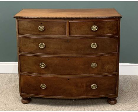 MAHOGANY BOW FRONT CHEST OF DRAWERS on bun feet, with brass ring handles, 99 (h) x 110 (w) x 53cms (d)Provenance: private col