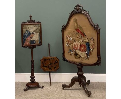 THREE FIRE SCREENS comprising Victorian mahogany peacock tapestry screen, 154cms (h), similar era pole screen etc.Provenance: