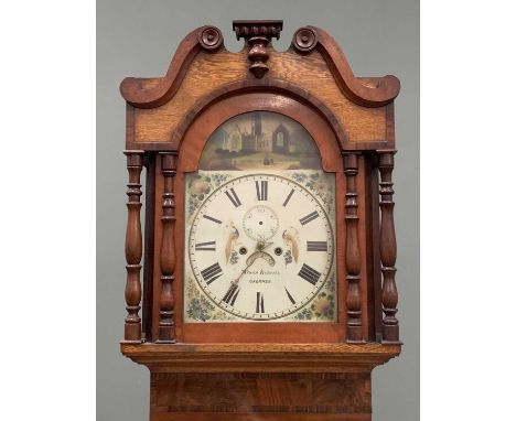 19TH CENTURY OAK & MAHOGANY LONGCASE CLOCK with painted dial, twin weights and pendulum, Owen Roberts, Gaerwen, 230 (h) x 64 