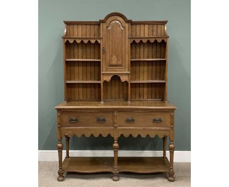 20TH CENTURY OAK POT BOARD DRESSER, rack with multiple shelves and central cupboard doors, two drawers to base, shaped apron 
