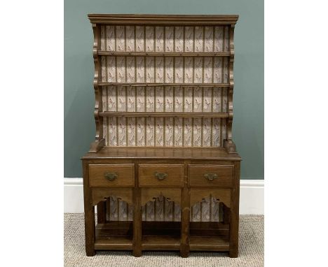 MINIATURE/APPRENTICE DRESSER with three shelf rack and potboard base, 87 (h) x 57 (w) x 22cms (d)Provenance: private collecti