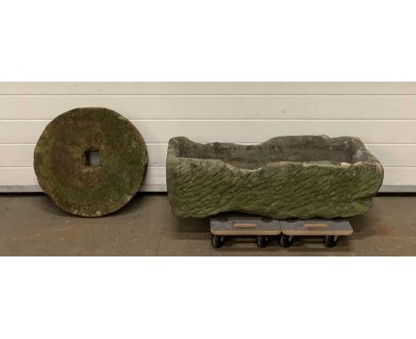 GARDEN OBLONG STONEWARE TROUGH/PLANTER, 28 (h) x 90 (w) x 40cms (d) and old grinding stone, 10 (h) x 52cms (diam.)Provenance: