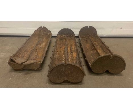 THREE AGRICULTURAL CAST IRON FEEDING TROUGHS, two troughs 25 (h) x 96 (w) x 30cms (d) and one trough 21 (h) x 108 (w) x 29cms
