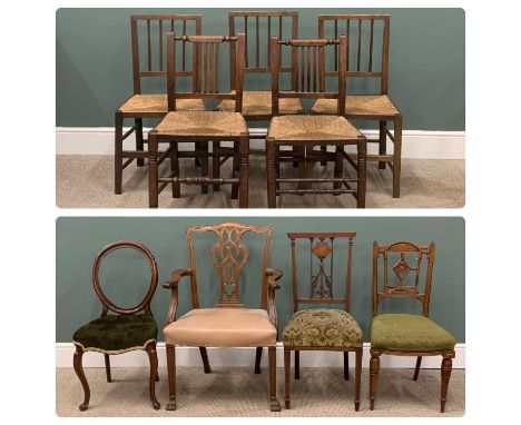 VINTAGE RUSH SEATED CHAIRS, set of 3, two similar spindle backs and Chippendale style splat back elbow chairProvenance: priva