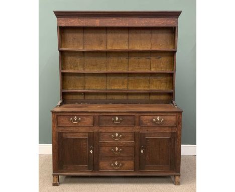 19TH CENTURY OAK WELSH DRESSER with three shelf rack over base of six drawers and two cupboard doors, 211 (h) x 159 (w) x 47c