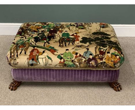 FINE LARGE POUFFE/FOOTSTOOL, with Oriental upholstered scene and good claw feet, 38 (h) x 100 (w) x 70cms (d)Provenance: priv