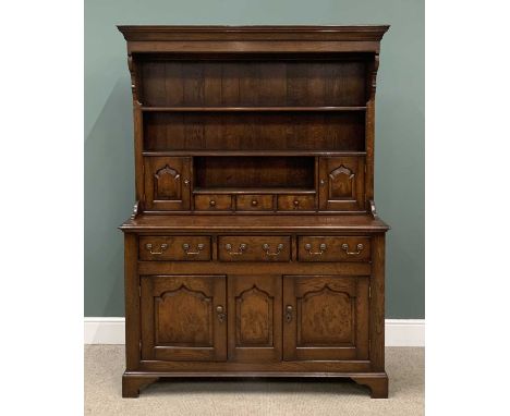 GOOD 20TH CENTURY WELSH OAK DRESSER with three shelf rack and spice drawers, base with three opening drawers over two cupboar