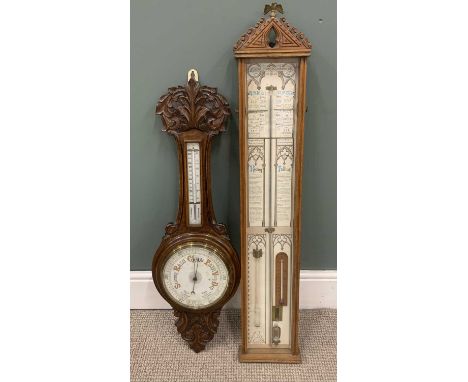 TWO BAROMETERS INCLUDING ADMIRAL FITZROY 106 (h) x 21 (w) x 6cms (d) and banjo aneroid barometer, 90 (h) x 28 (w) x 7cms (d)P