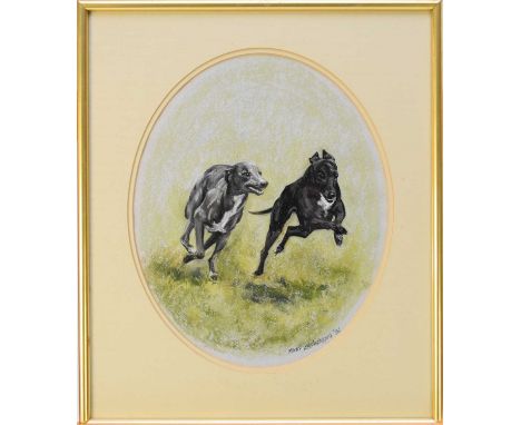 Mary Browning (English, late 20th century), portrait of two whippets racing, signed and dated ''86', pastel, oval, 26.5cm x 3