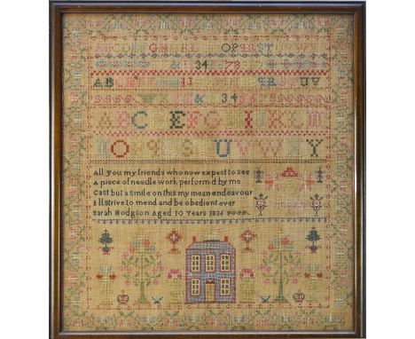 A 19th century sampler, Sarah Hodgson aged 10, 1836, with six alpha-numeric rows above a verse 'All you my friends who now ex