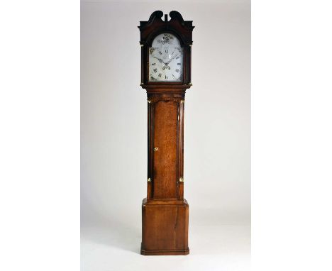 A George III cross-banded oak painted dial longcase clock by John Tibbot of Newtown, Powys, the hood with swan neck pediment 