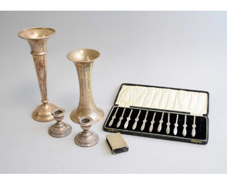 A cased set of eleven silver lobster picks, William Suckling Ltd, Birmingham 1928, together with a tapering silver vase, Birm