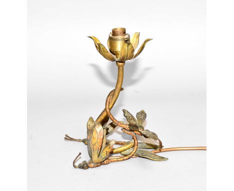 An Art Nouveau style bronze effect dragonfly table lamp, modelled as three dragonflies arranged around a flower stem, 23cm hi