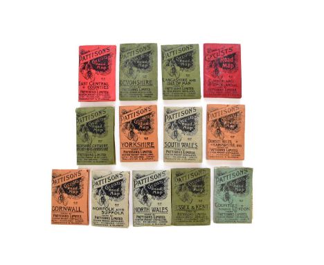 PATTISONS' CYCLISTS' ROAD MAPS, small format, 3.5 inches tall. A collection of 13 cyclist's maps issues by the Pattisons Scot