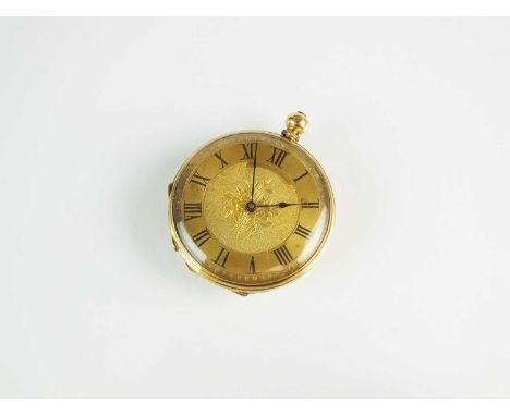 A continental yellow metal open face fob watch, by Mathey-Geneve, the decorative gold dial with black Roman numerals, the gil