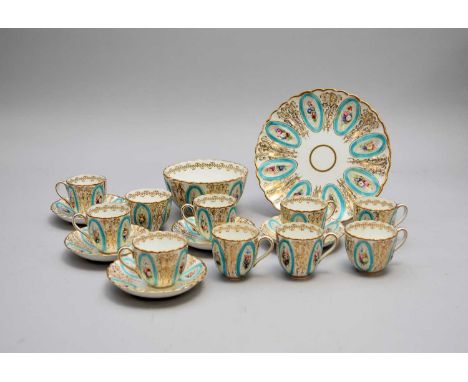 An English porcelain tea and coffee servicemid-19th centuryof fluted form, painted with turquoise oval panels of flower inter