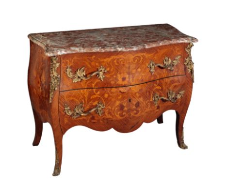 A FRENCH ORMOLU MOUNTED, FRUITWOOD AND MARQUETRY BOMBE COMMODE In the Louis XV taste, Early 19th century, the serpentine marb