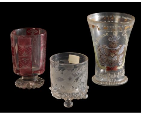A GROUP OF THREE BOHEMIAN GLASS VESSELS one example with a tapered bowl decorated with a coloured glass armorial, dated '1625