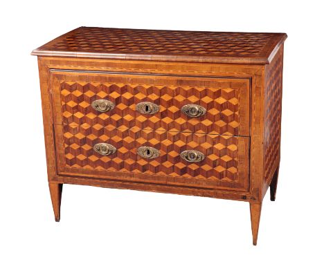 A NORTH ITALIAN WALNUT, FRUITWOOD AND PARQUETRY COMMODE Second-half of the 18th century, the cross-banded rectangular top, ab