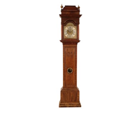 CHARLES GRETTON LONDON: A GEORGE I MONTH-GOING LONGCASE CLOCK the 30.5cm brass arched dial with edge engraving, corner spandr