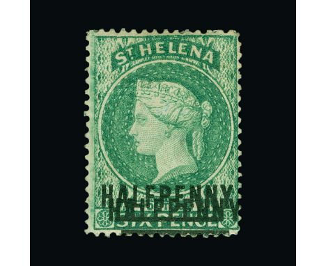 St. Helena : (SG 34ba) 1884 QV Crown CA ½d on 6d emerald with part original gum showing DOUBLE SURCHARGE - ONE WITH N Y SPACE