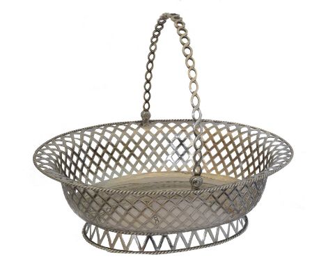 A George V silver swing handled basket, A George V silver swing handled basket, pierced design, signed Crichton Bros London &