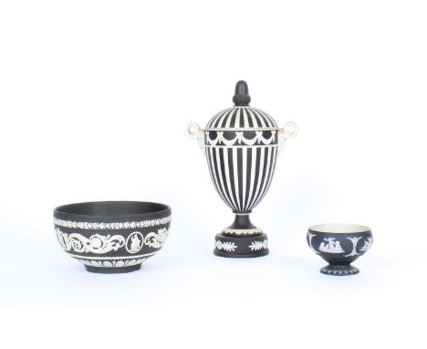 A Wedgwood Black Pinstripe Jasperware Twin-Handled Urn with Cover A Wedgwood Black Pinstripe Jasperware Twin-Handled Urn with