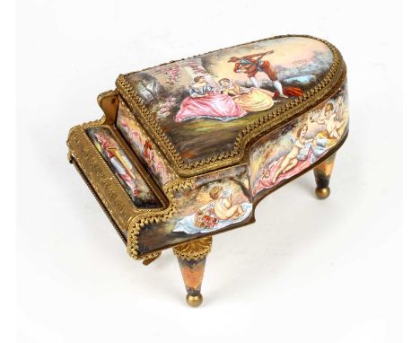 A Late 19th century French Enamel and Gilt Brass Musical Trinket Box modelled as a Piano A Late 19th century French Enamel an