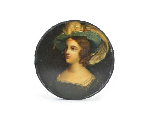 Early 19th Century German Papier Mache Circular Snuff Box by Stobwasser Irene The cover painted with a portrait of a young wo