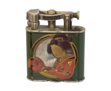 A 1920s silver enamel Dunhill lighter,  A 1920s silver enamel Dunhill lighter, the vari hue enamel lighter depicting a geisha