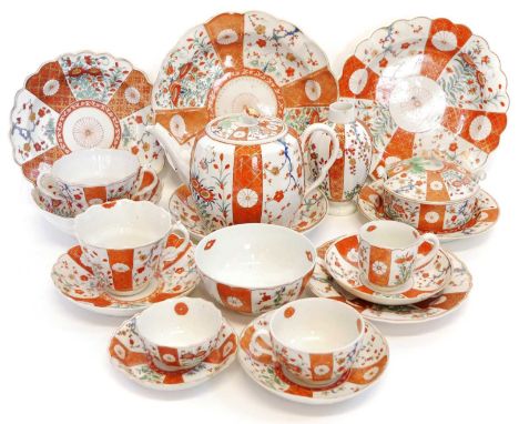 Worcester Scarlet Japan assembled teaset  circa 1770, comprising of a lidded teapot, five plates, chocolate cup and saucer, c