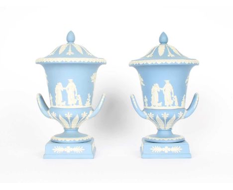 A Pair of Large Wedgwood Blue Jasperware Twin-Handled Urns with Covers A Pair of Large Wedgwood Blue Jasperware Twin-Handled 