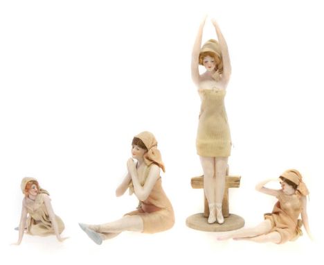 Four Early 20th Century German Bisque Figures of Female Bathers In the style of Galluba & Hoffman All clothed with hair and p
