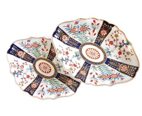 Pair of Worcester Queens pattern lozenge shape dishes  circa 1770.30cm wideOne dish has a restored section. Both have some we